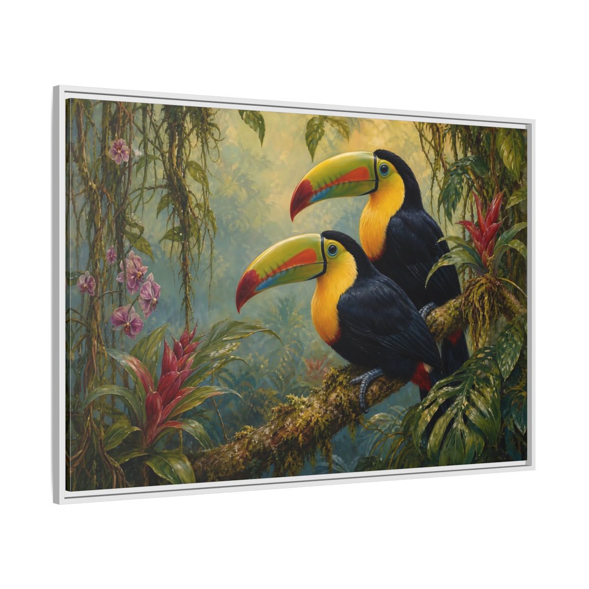 Side Mockup 7. Animals Toucans Colorful Toucans shown as stretched canvas wall art