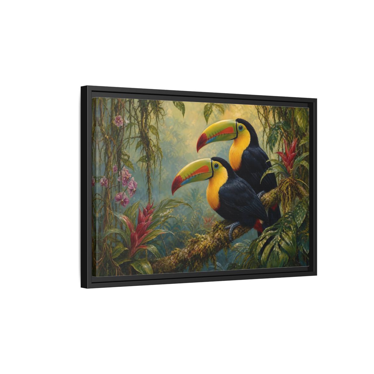 Side Mockup 3. Animals Toucans Colorful Toucans shown as stretched canvas wall art