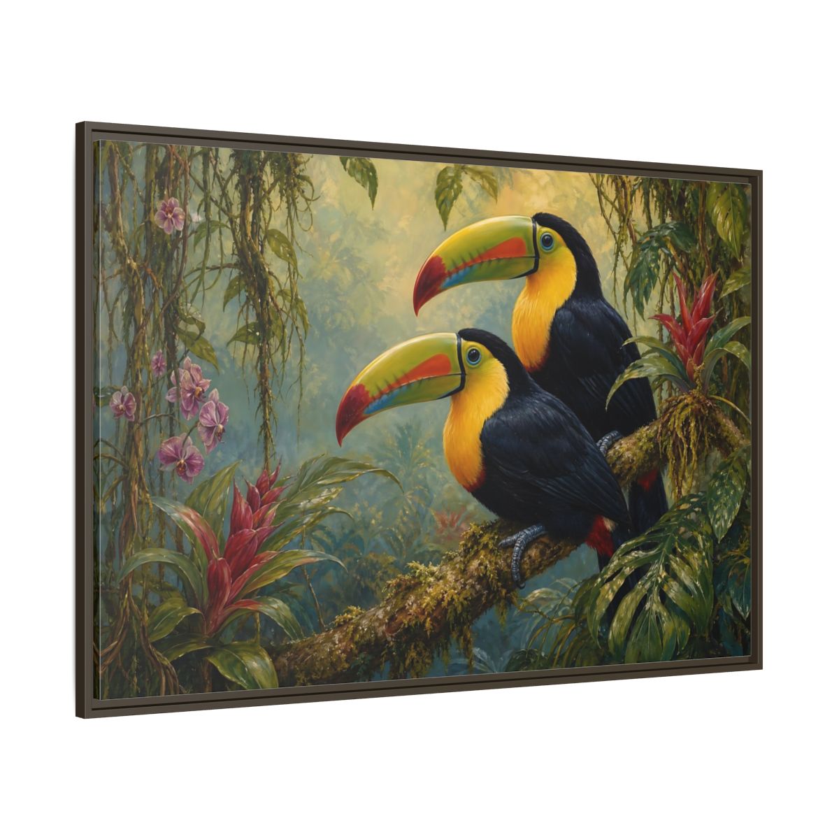 Side Mockup 8. Animals Toucans Colorful Toucans shown as stretched canvas wall art