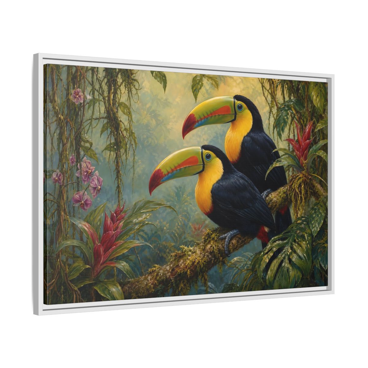 Side Mockup 9. Animals Toucans Colorful Toucans shown as stretched canvas wall art