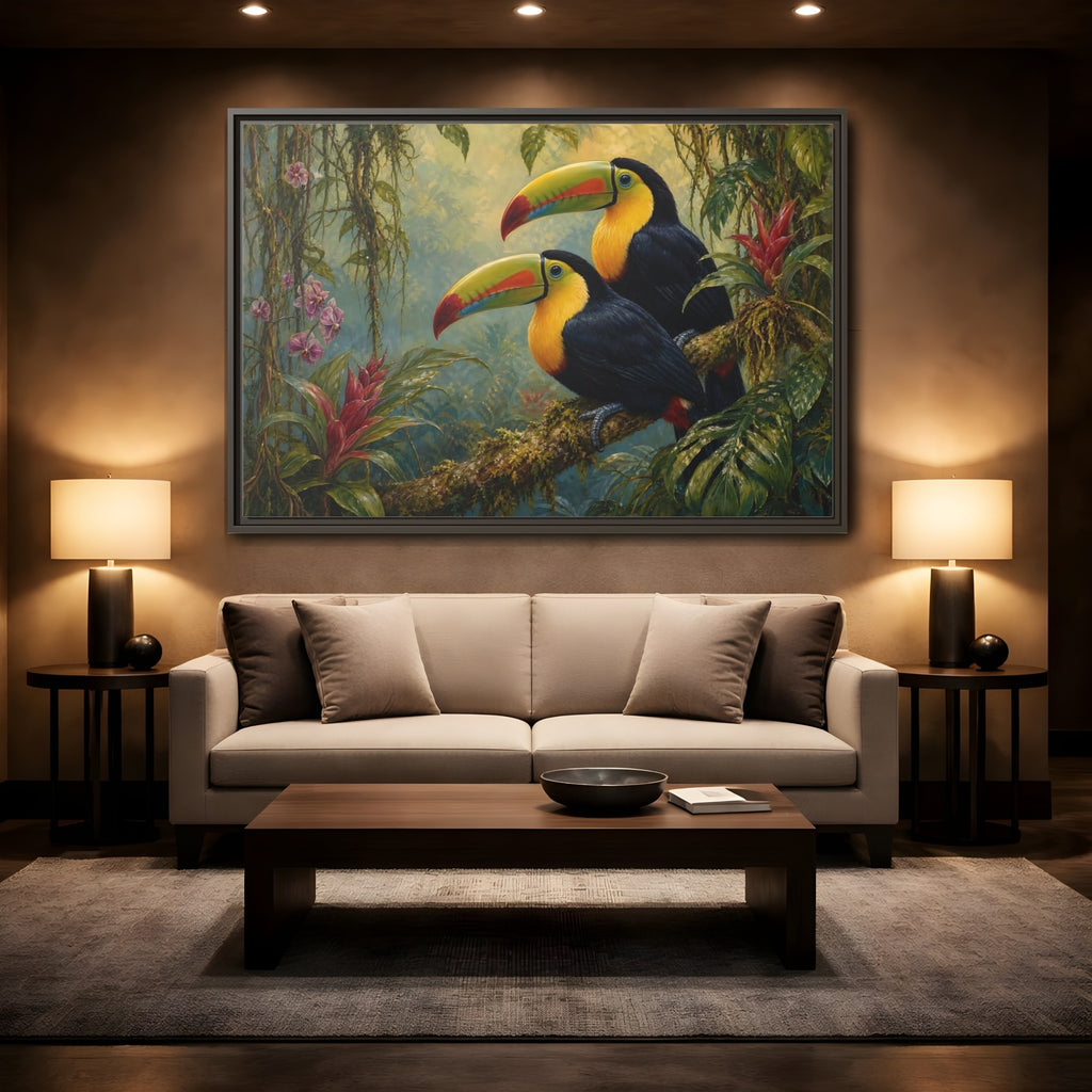 Mockup 2. Animals Toucans Colorful Toucans shown as stretched canvas wall art