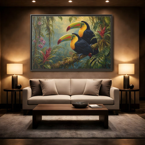 Mockup 2. Animals Toucans Colorful Toucans shown as stretched canvas wall art