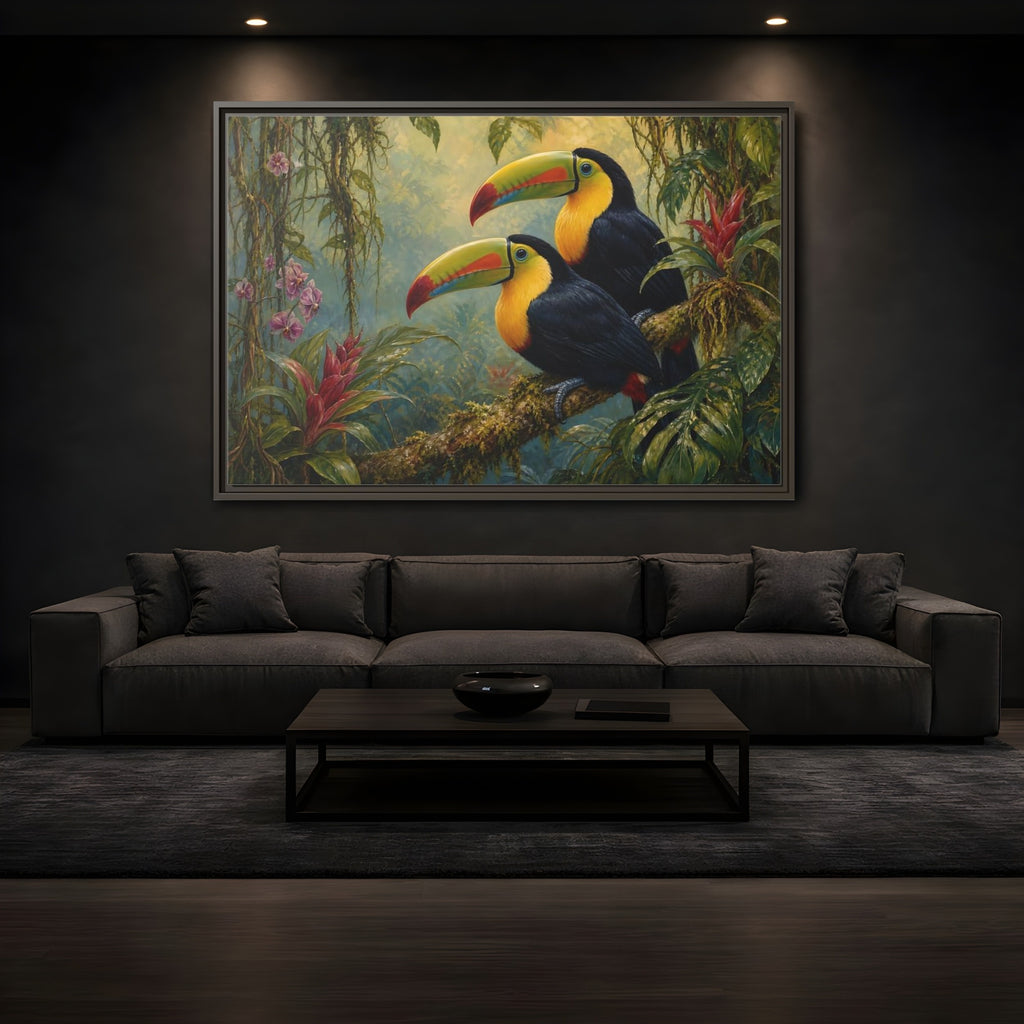 Mockup 3. Animals Toucans Colorful Toucans shown as stretched canvas wall art