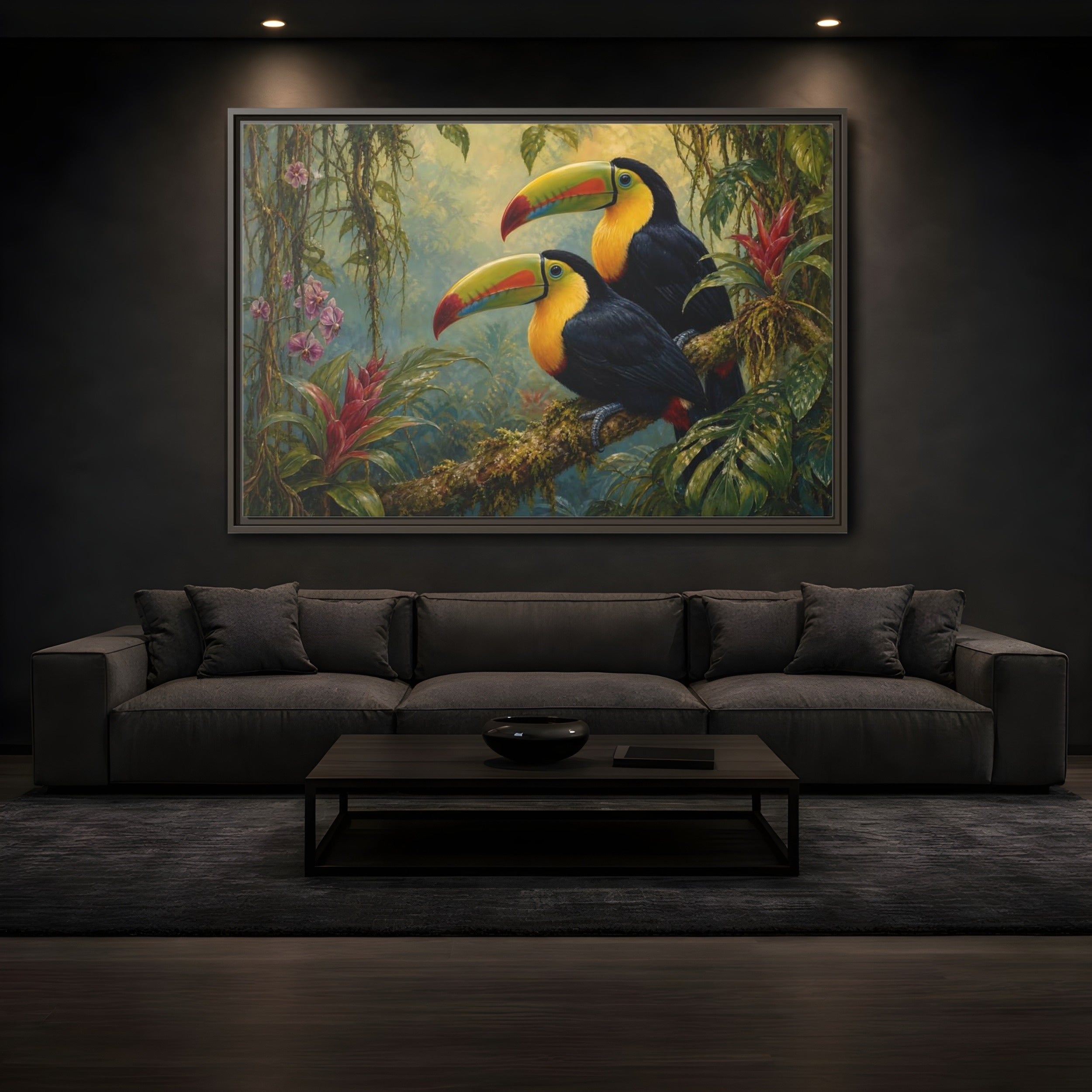 Mockup 3. Animals Toucans Colorful Toucans shown as stretched canvas wall art