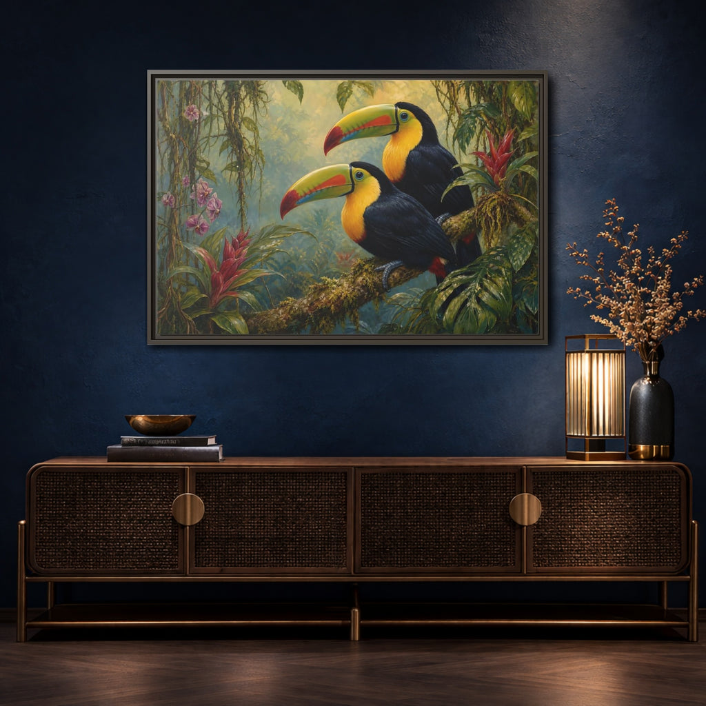 Mockup 4. Animals Toucans Colorful Toucans shown as stretched canvas wall art