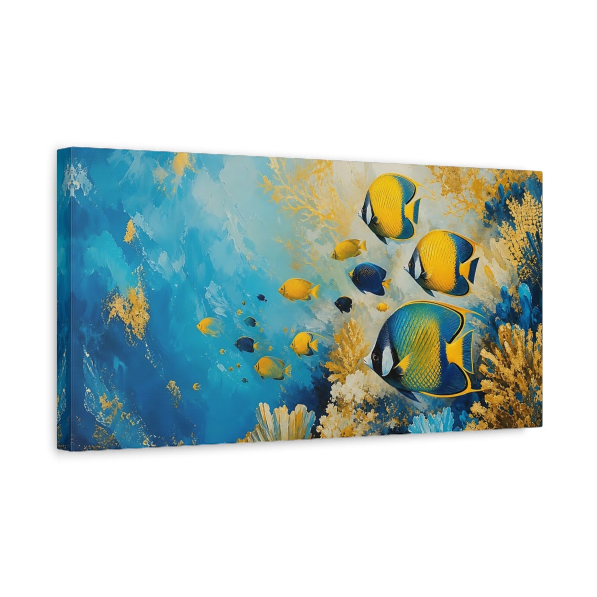 Side Mockup 3. Animals Tropical Fish Blue And Gold Fish shown as stretched canvas wall art