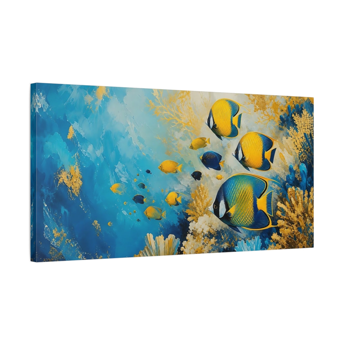 Side Mockup 1. Animals Tropical Fish Blue And Gold Fish shown as stretched canvas wall art