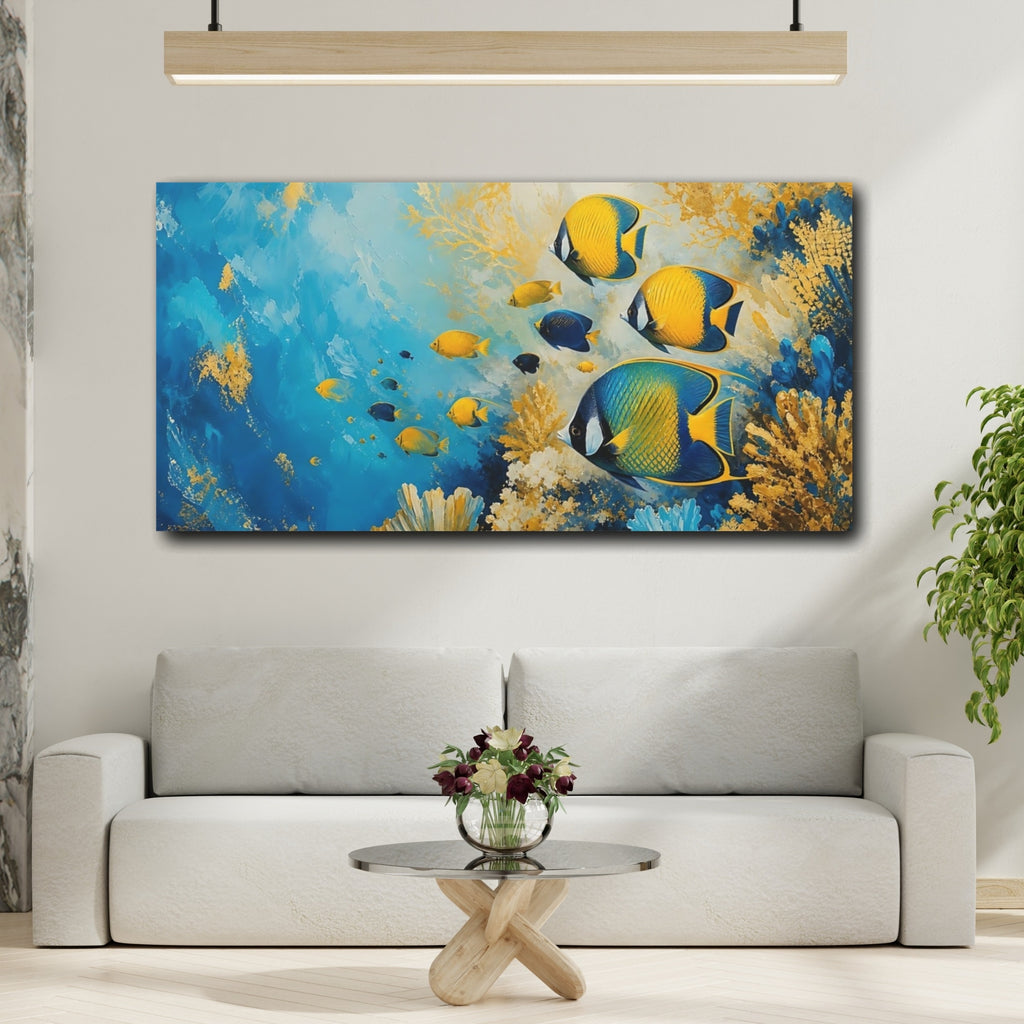 Mockup 2. Animals Tropical Fish Blue And Gold Fish shown as stretched canvas wall art