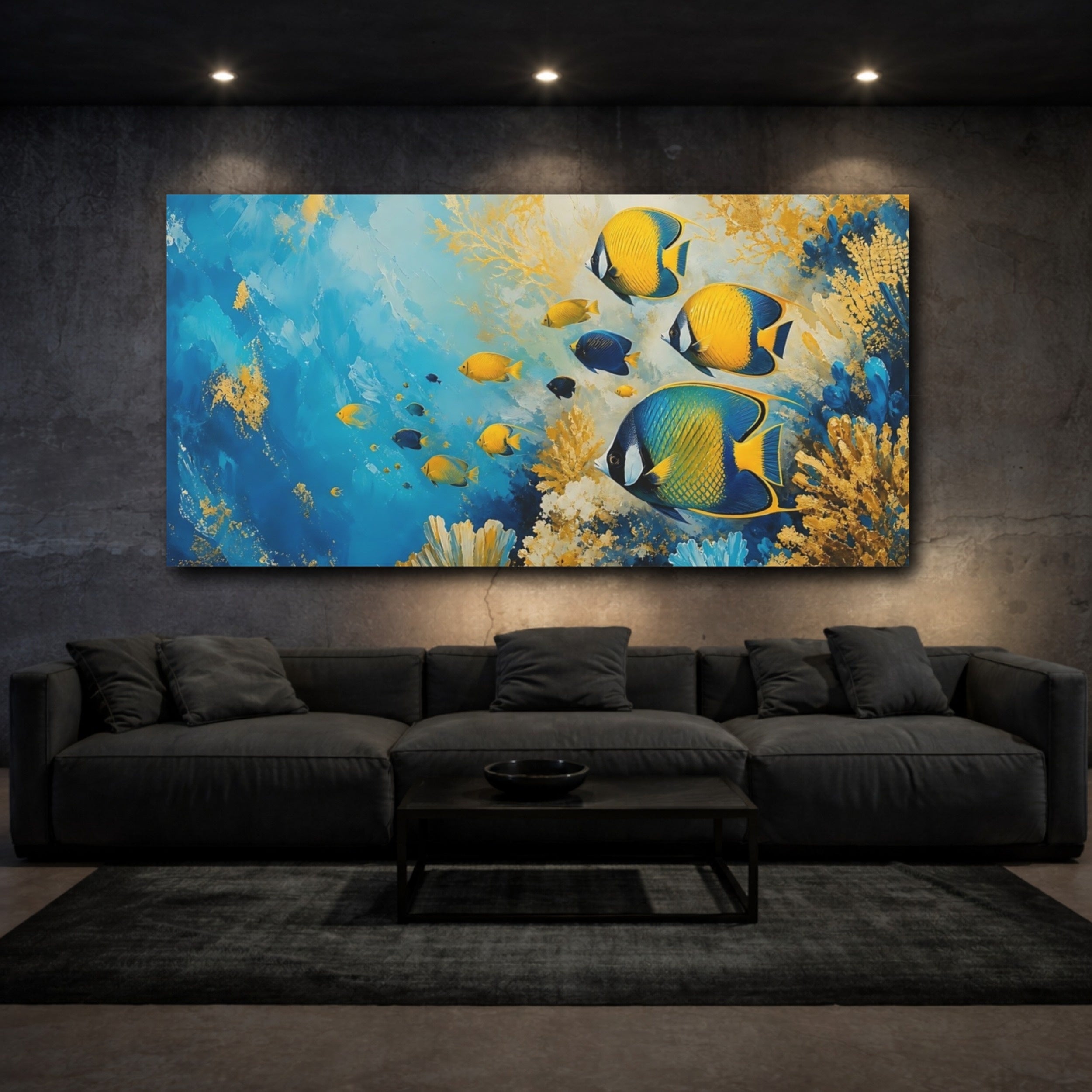 Mockup 3. Animals Tropical Fish Blue And Gold Fish shown as stretched canvas wall art