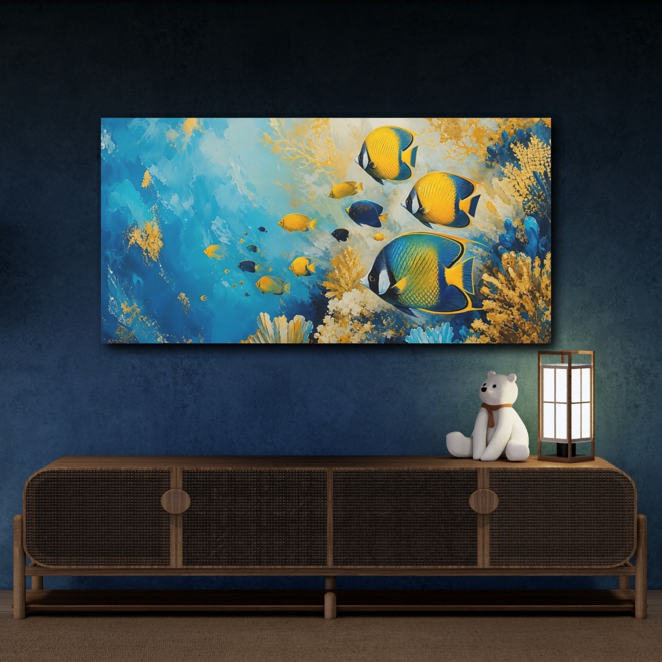 Mockup 4. Animals Tropical Fish Blue And Gold Fish shown as stretched canvas wall art