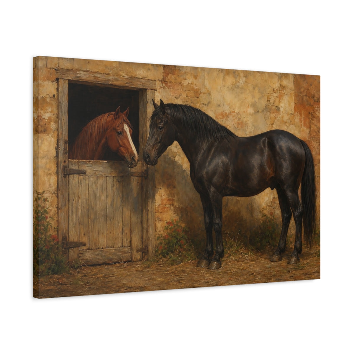Side Mockup 2. Animals Two Horses Brown And Black Horses shown as canvas print