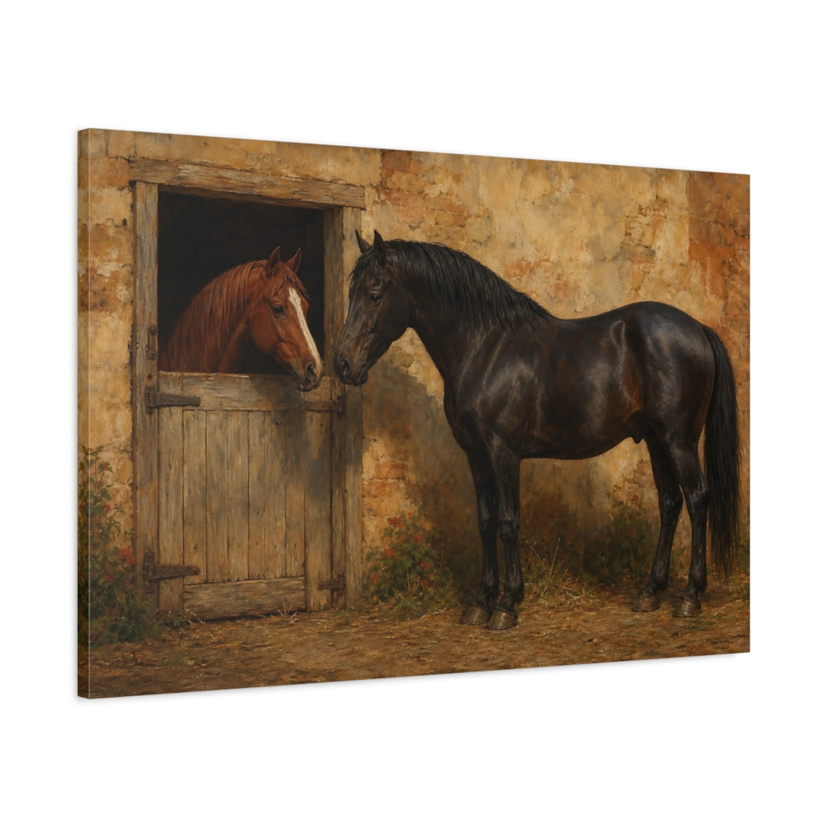 Main Mockup. Animals Two Horses Brown And Black Horses shown as canvas print