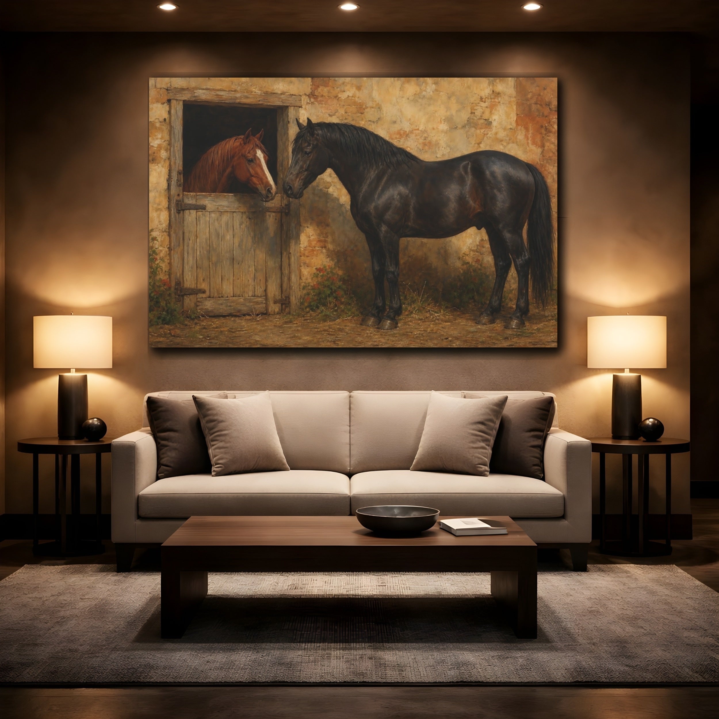 Mockup 2. Animals Two Horses Brown And Black Horses shown as canvas print