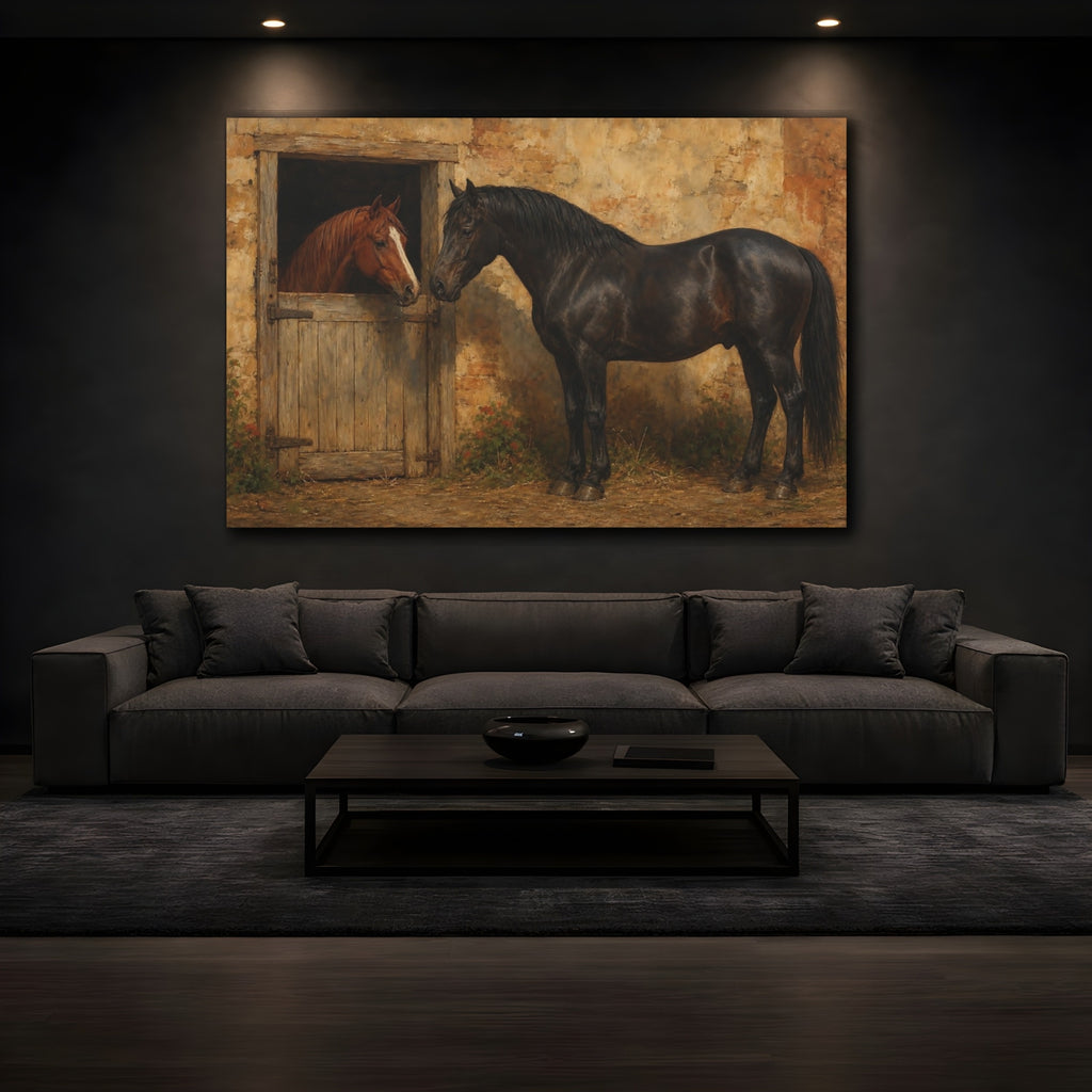 Mockup 3. Animals Two Horses Brown And Black Horses shown as canvas print