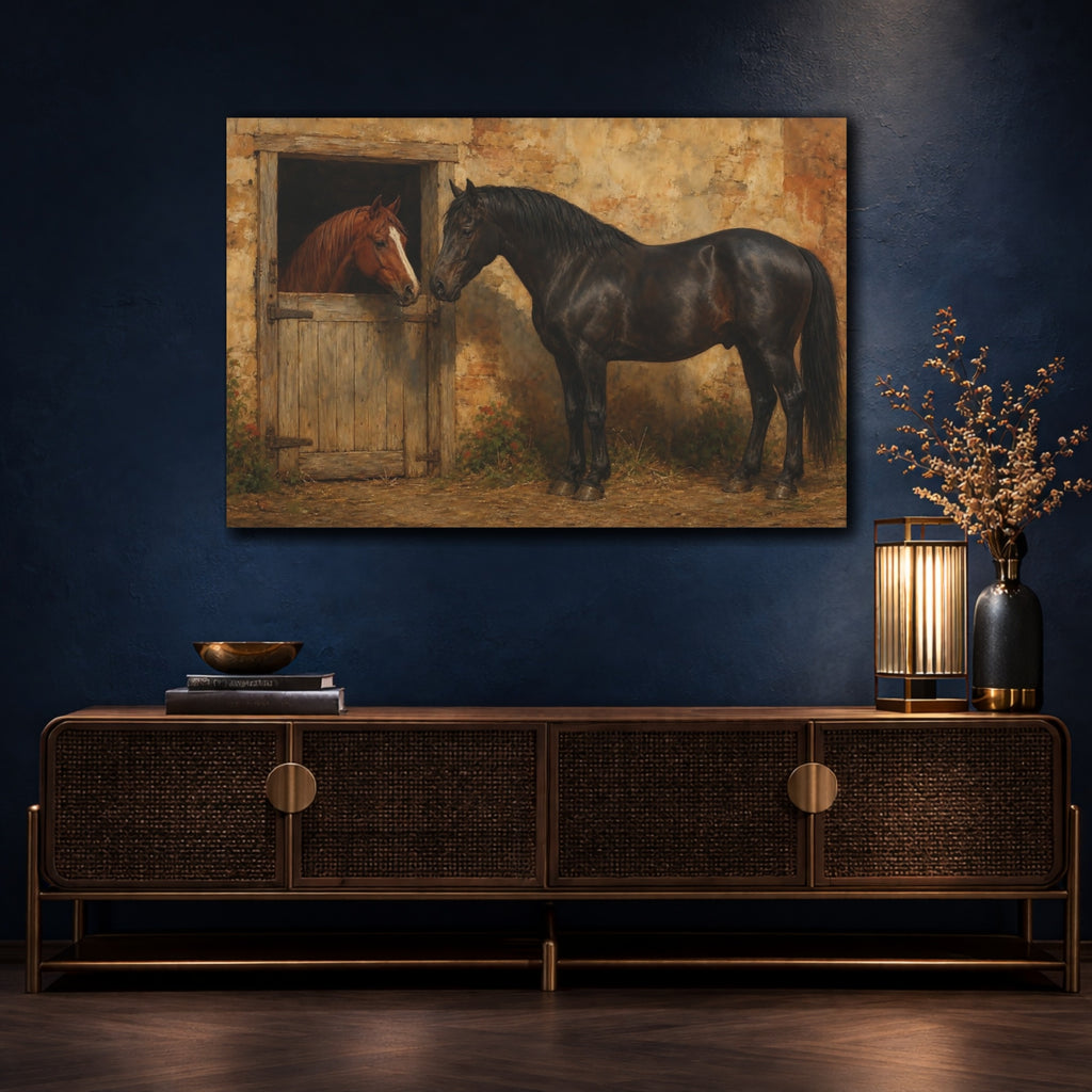 Mockup 4. Animals Two Horses Brown And Black Horses shown as canvas print