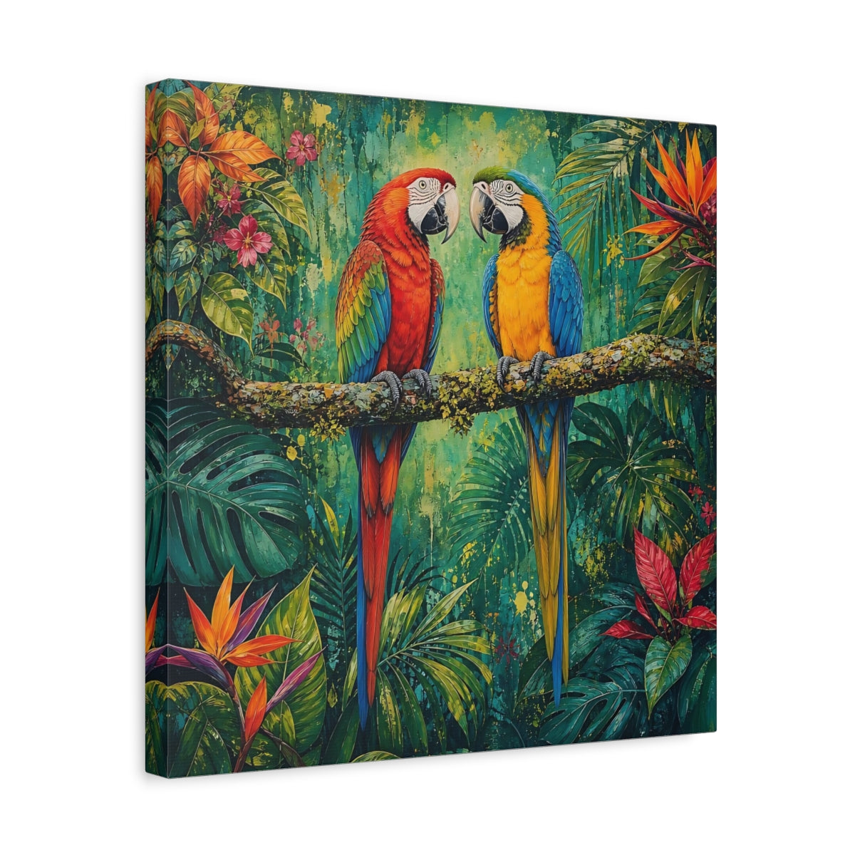 Side Mockup 6. Animals Two Macaws Tropical Macaw shown as stretched canvas wall art