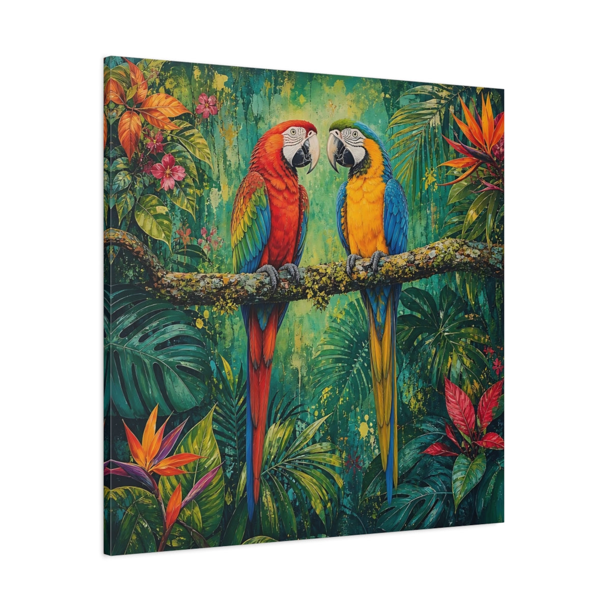 Side Mockup 1. Animals Two Macaws Tropical Macaw shown as stretched canvas wall art