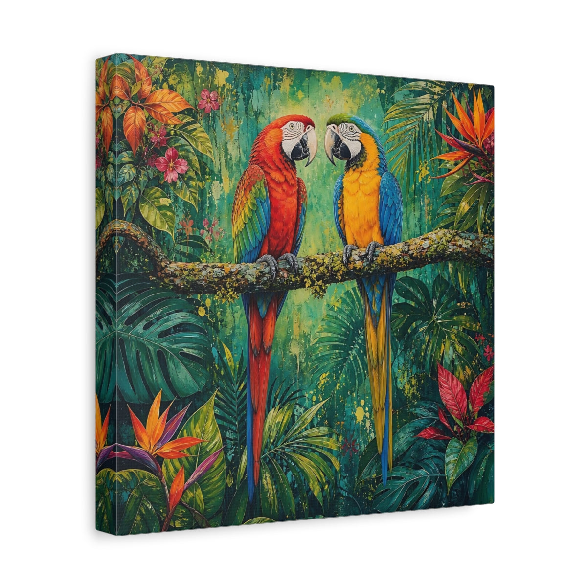 Side Mockup 8. Animals Two Macaws Tropical Macaw shown as stretched canvas wall art