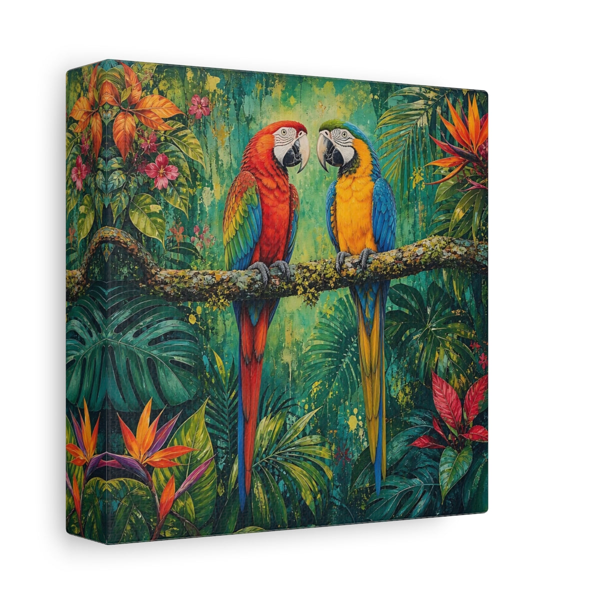 Side Mockup 2. Animals Two Macaws Tropical Macaw shown as stretched canvas wall art