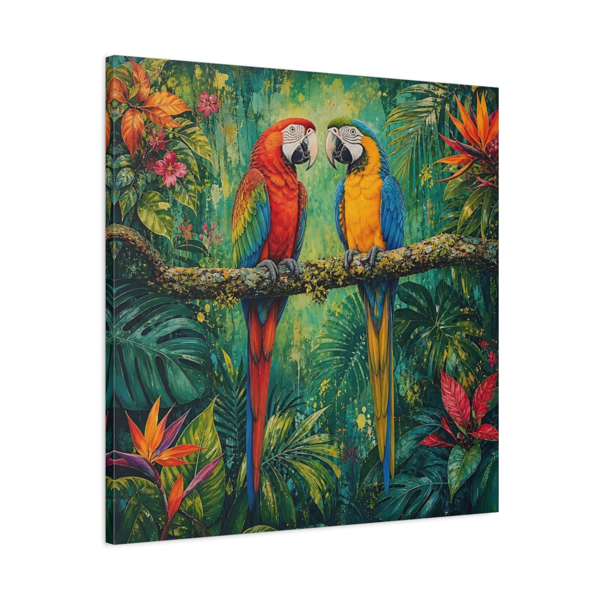 Side Mockup 3. Animals Two Macaws Tropical Macaw shown as stretched canvas wall art