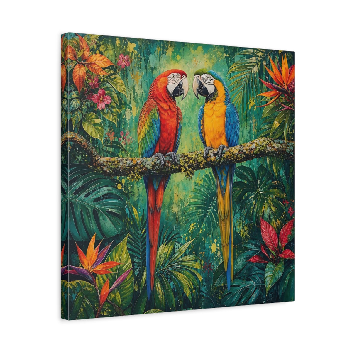 Side Mockup 5. Animals Two Macaws Tropical Macaw shown as stretched canvas wall art