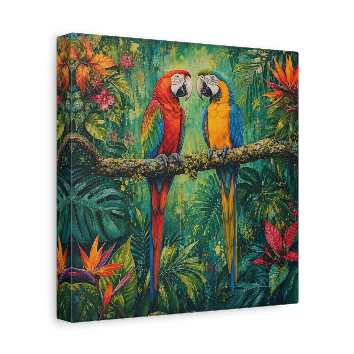 Side Mockup 9. Animals Two Macaws Tropical Macaw shown as stretched canvas wall art