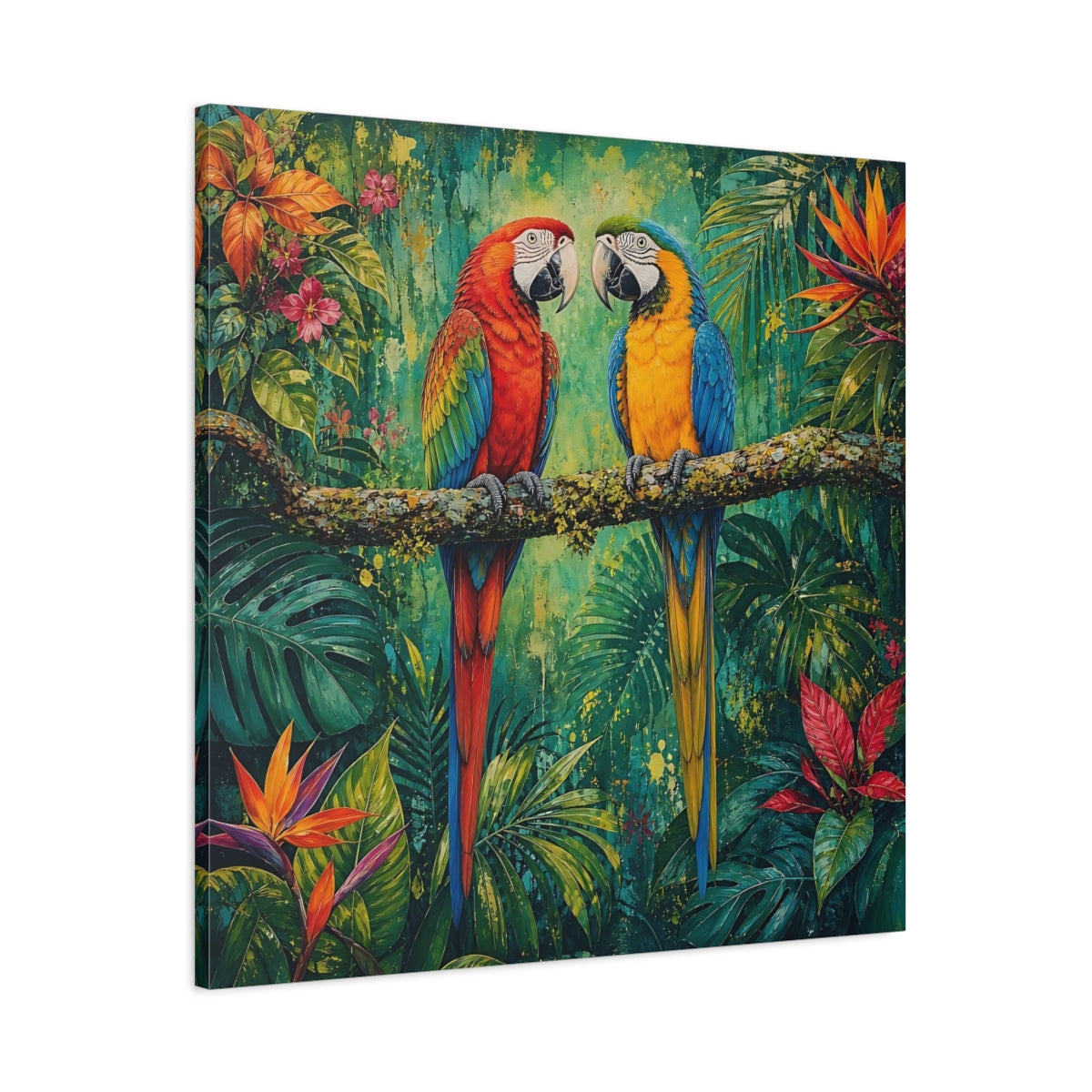 Main Mockup. Animals Two Macaws Tropical Macaw shown as stretched canvas wall art