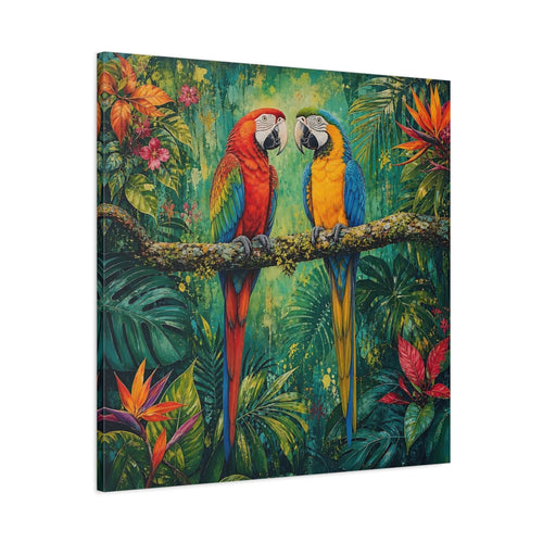 Main Mockup. Animals Two Macaws Tropical Macaw shown as stretched canvas wall art
