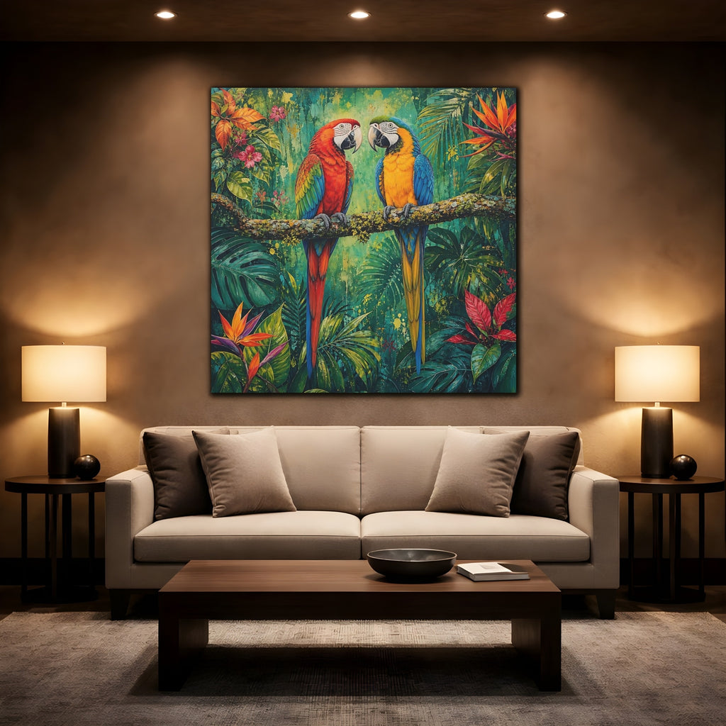 Mockup 2. Animals Two Macaws Tropical Macaw shown as stretched canvas wall art