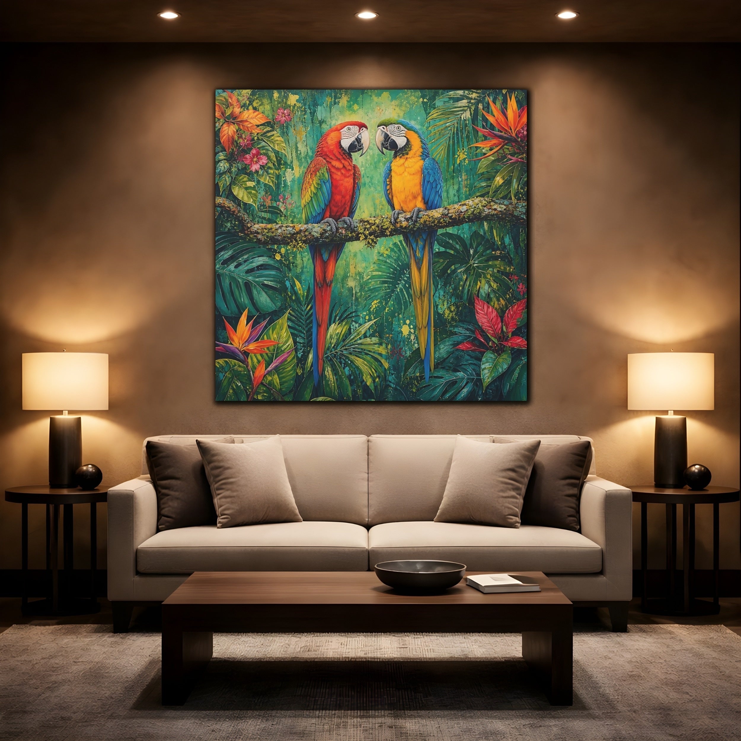 Mockup 2. Animals Two Macaws Tropical Macaw shown as stretched canvas wall art