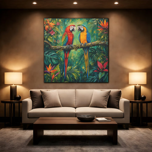Mockup 2. Animals Two Macaws Tropical Macaw shown as stretched canvas wall art