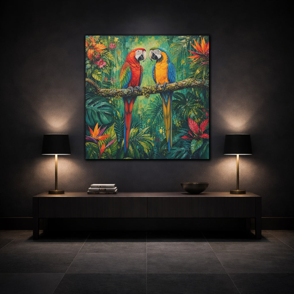 Mockup 3. Animals Two Macaws Tropical Macaw shown as stretched canvas wall art