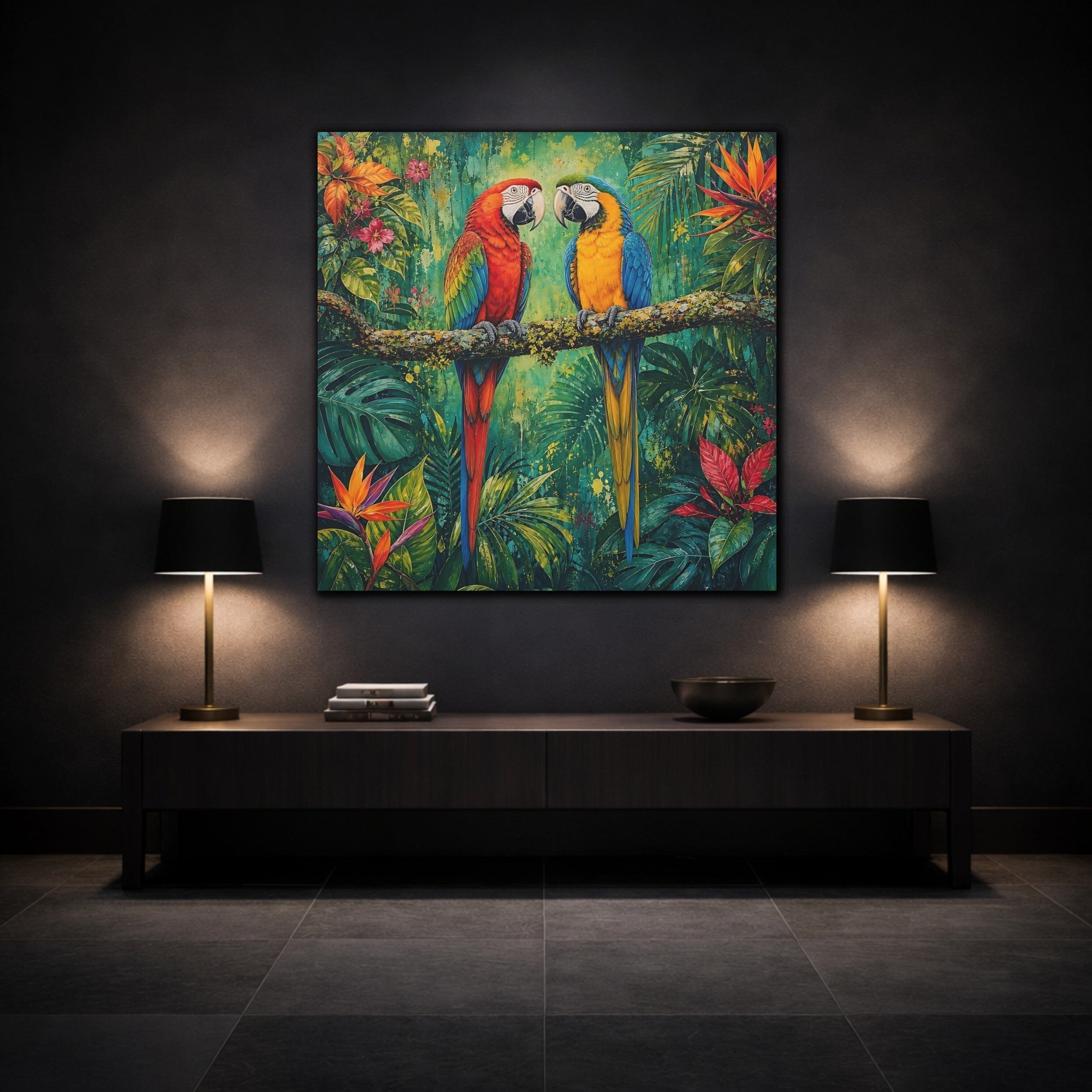 Mockup 3. Animals Two Macaws Tropical Macaw shown as stretched canvas wall art