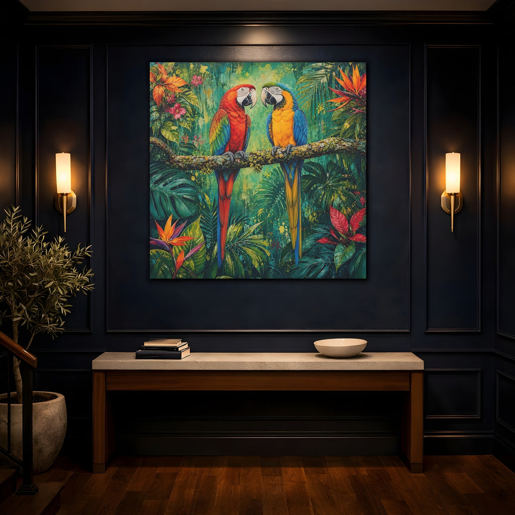 Mockup 4. Animals Two Macaws Tropical Macaw shown as stretched canvas wall art