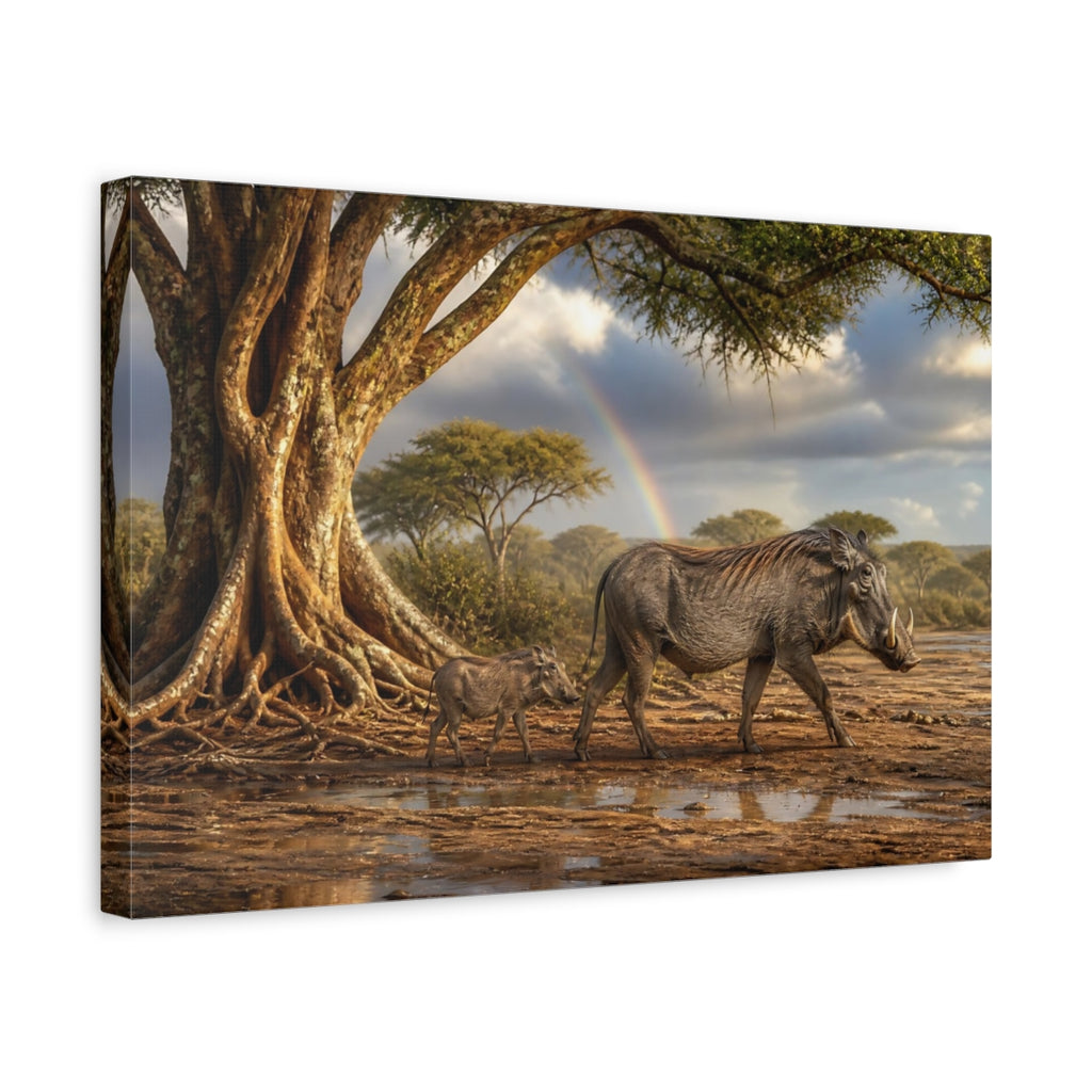 Side Mockup 4. Animals Warthogs African Warthogs Rainbow shown as canvas print