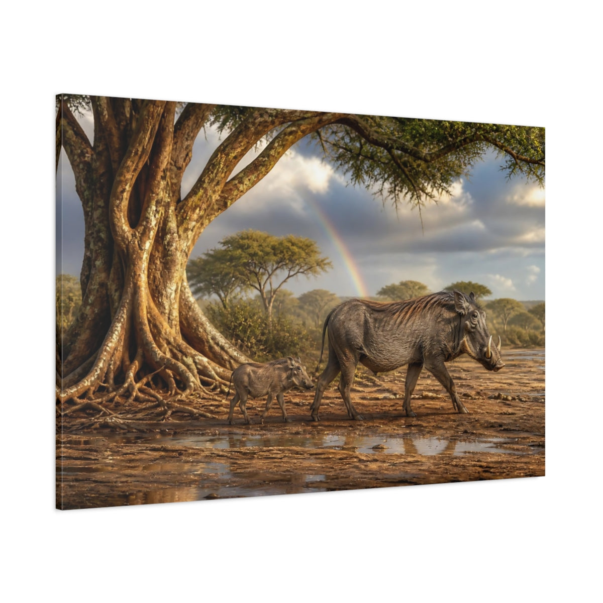 Side Mockup 1. Animals Warthogs African Warthogs Rainbow shown as canvas print