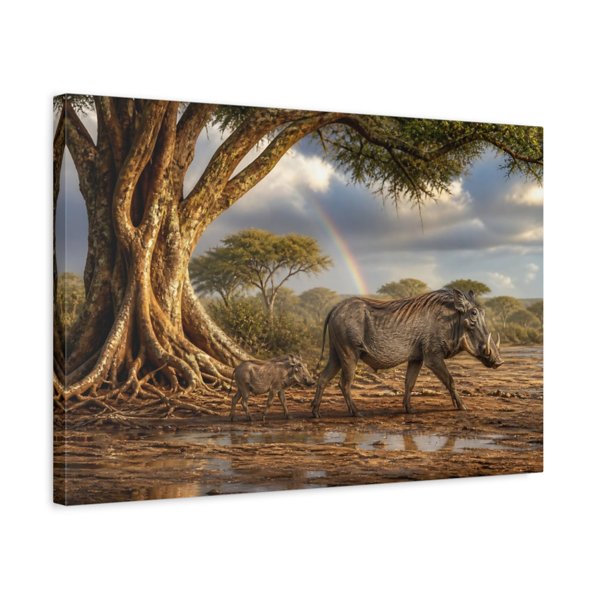 Side Mockup 3. Animals Warthogs African Warthogs Rainbow shown as canvas print