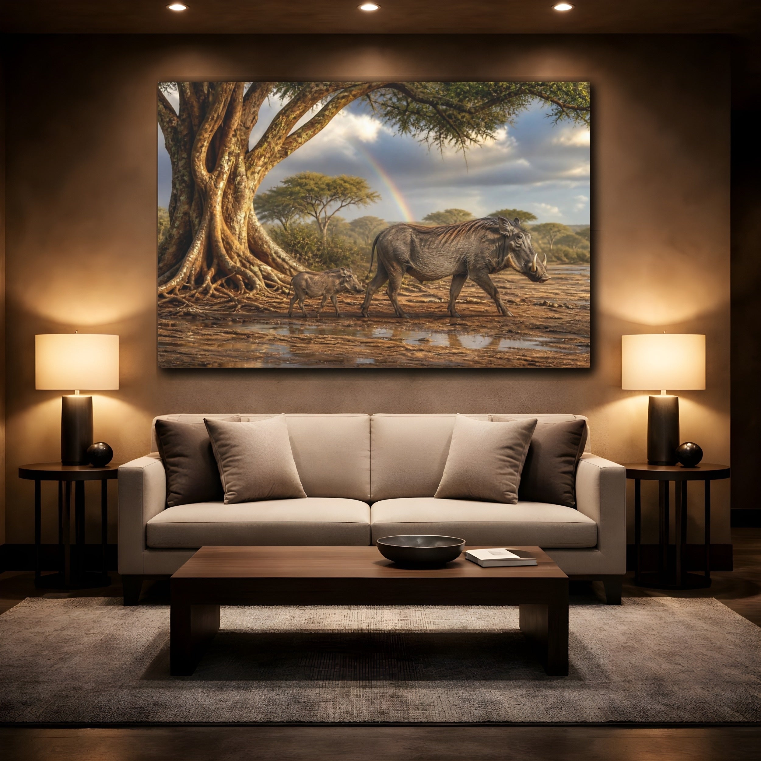 Mockup 2. Animals Warthogs African Warthogs Rainbow shown as canvas print
