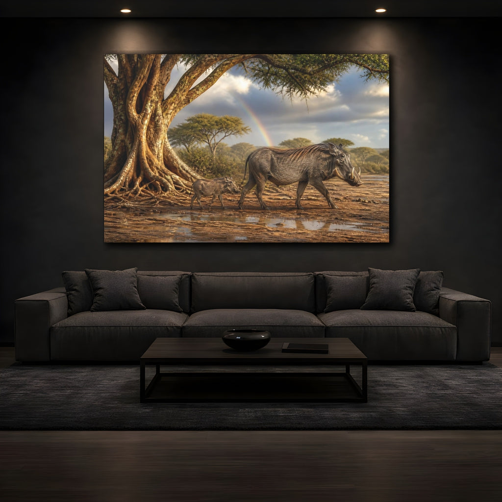 Mockup 3. Animals Warthogs African Warthogs Rainbow shown as canvas print