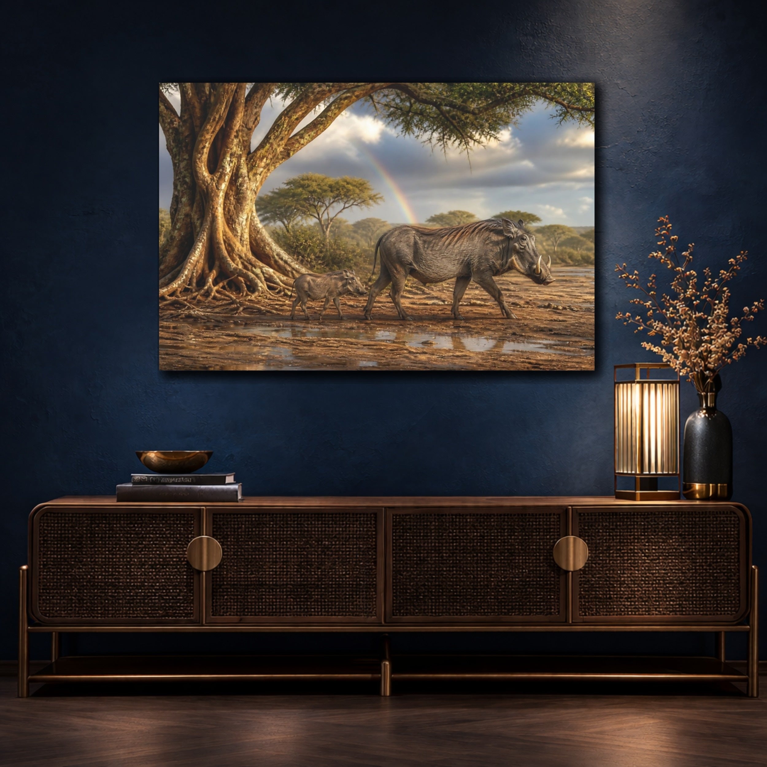Mockup 4. Animals Warthogs African Warthogs Rainbow shown as canvas print