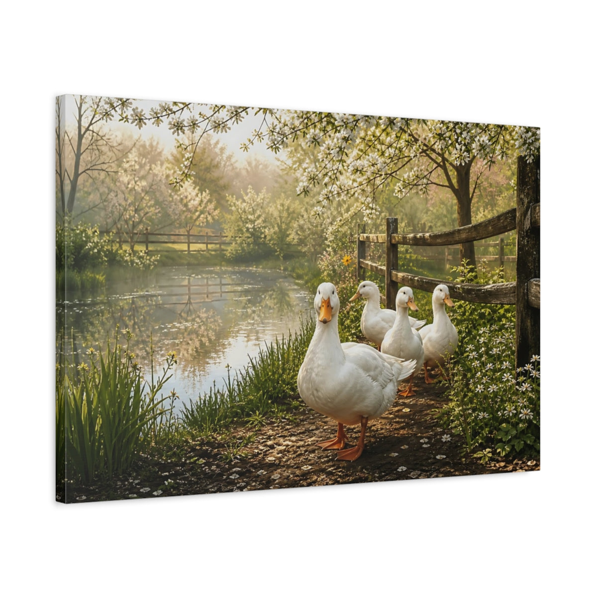 Side Mockup 2. Animals White Ducks White Ducks Pond shown as canvas print
