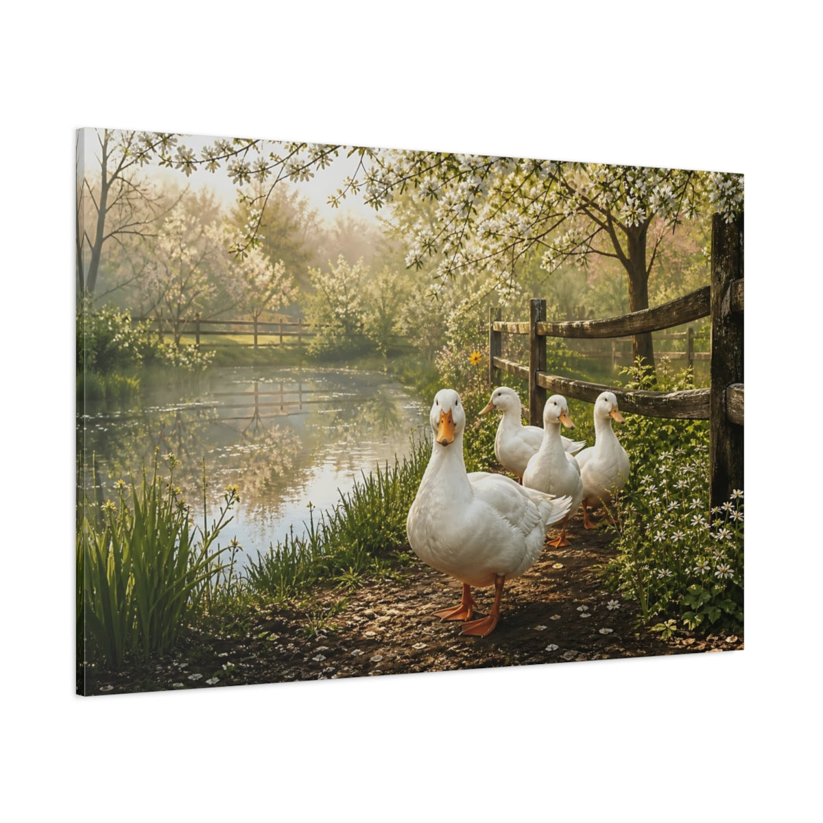 Side Mockup 1. Animals White Ducks White Ducks Pond shown as canvas print