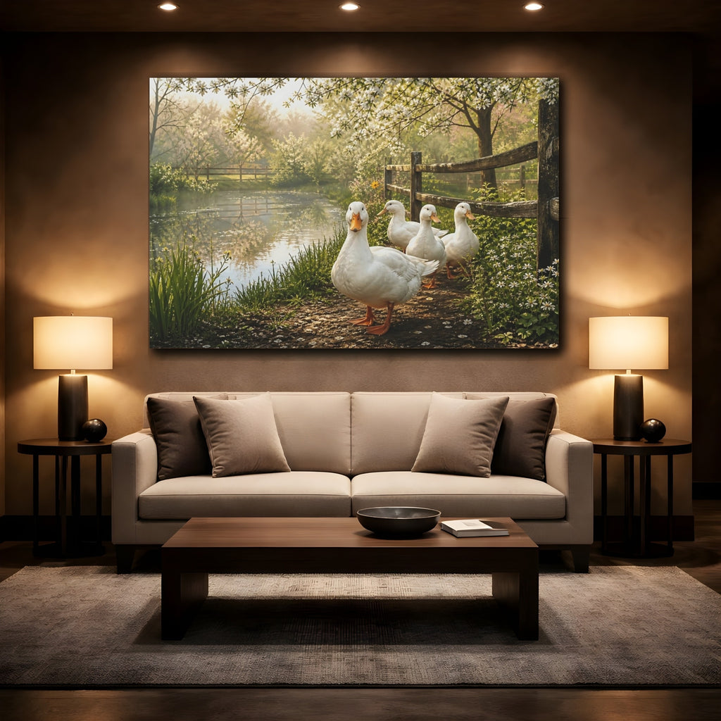 Mockup 2. Animals White Ducks White Ducks Pond shown as canvas print