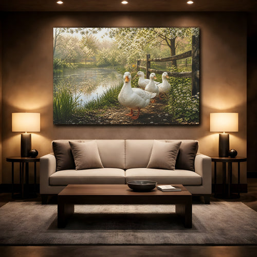 Mockup 2. Animals White Ducks White Ducks Pond shown as canvas print