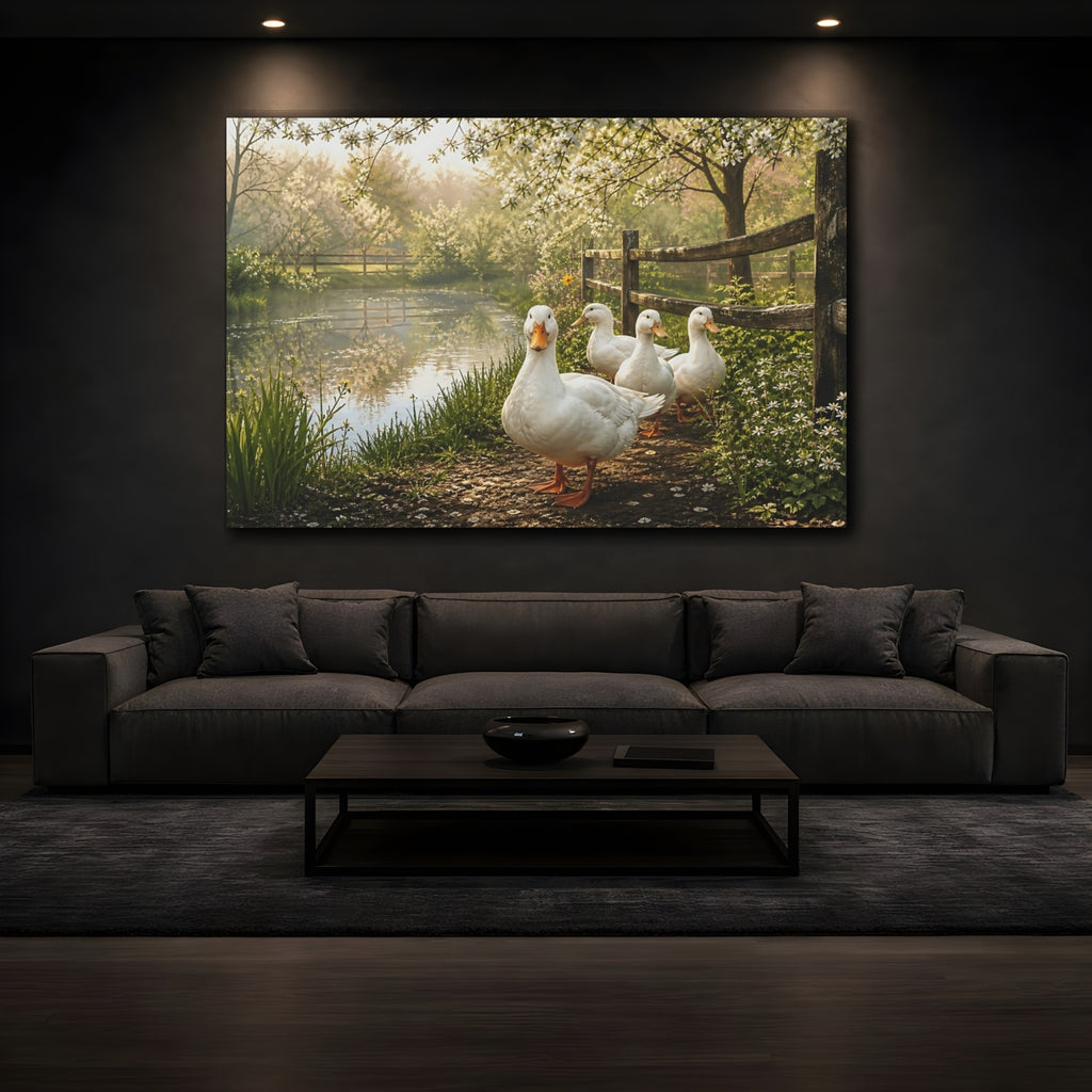 Mockup 3. Animals White Ducks White Ducks Pond shown as canvas print