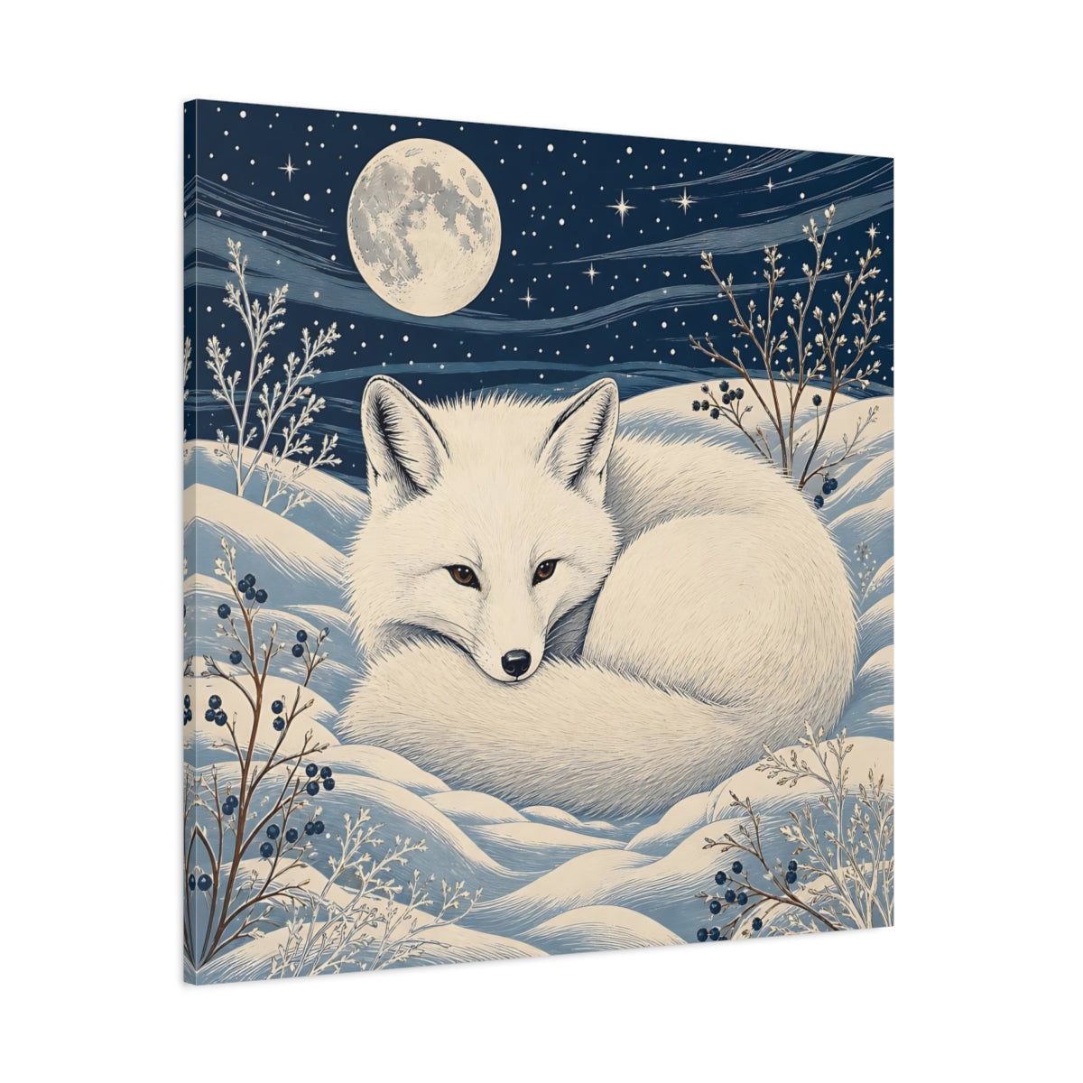 Side Mockup 1. Animals White Fox Blue And White shown as stretched canvas wall art