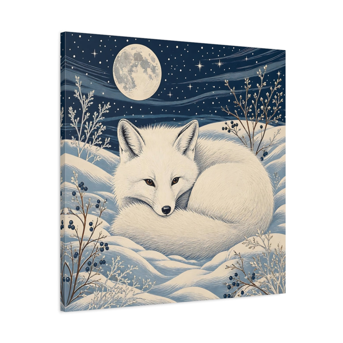 Side Mockup 3. Animals White Fox Blue And White shown as stretched canvas wall art