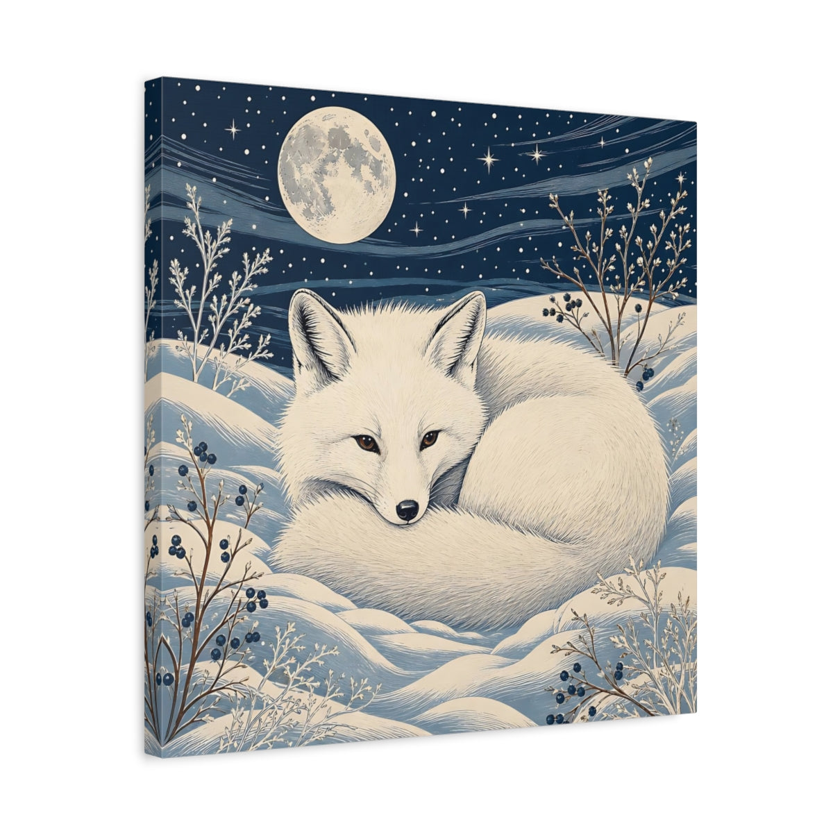 Side Mockup 5. Animals White Fox Blue And White shown as stretched canvas wall art