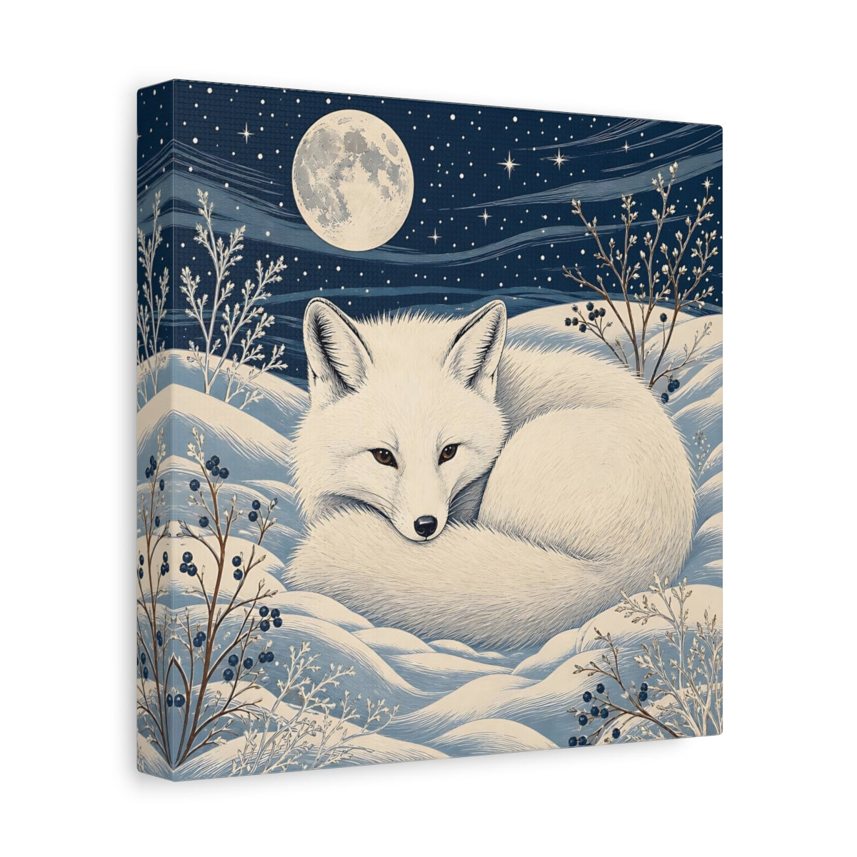 Side Mockup 9. Animals White Fox Blue And White shown as stretched canvas wall art