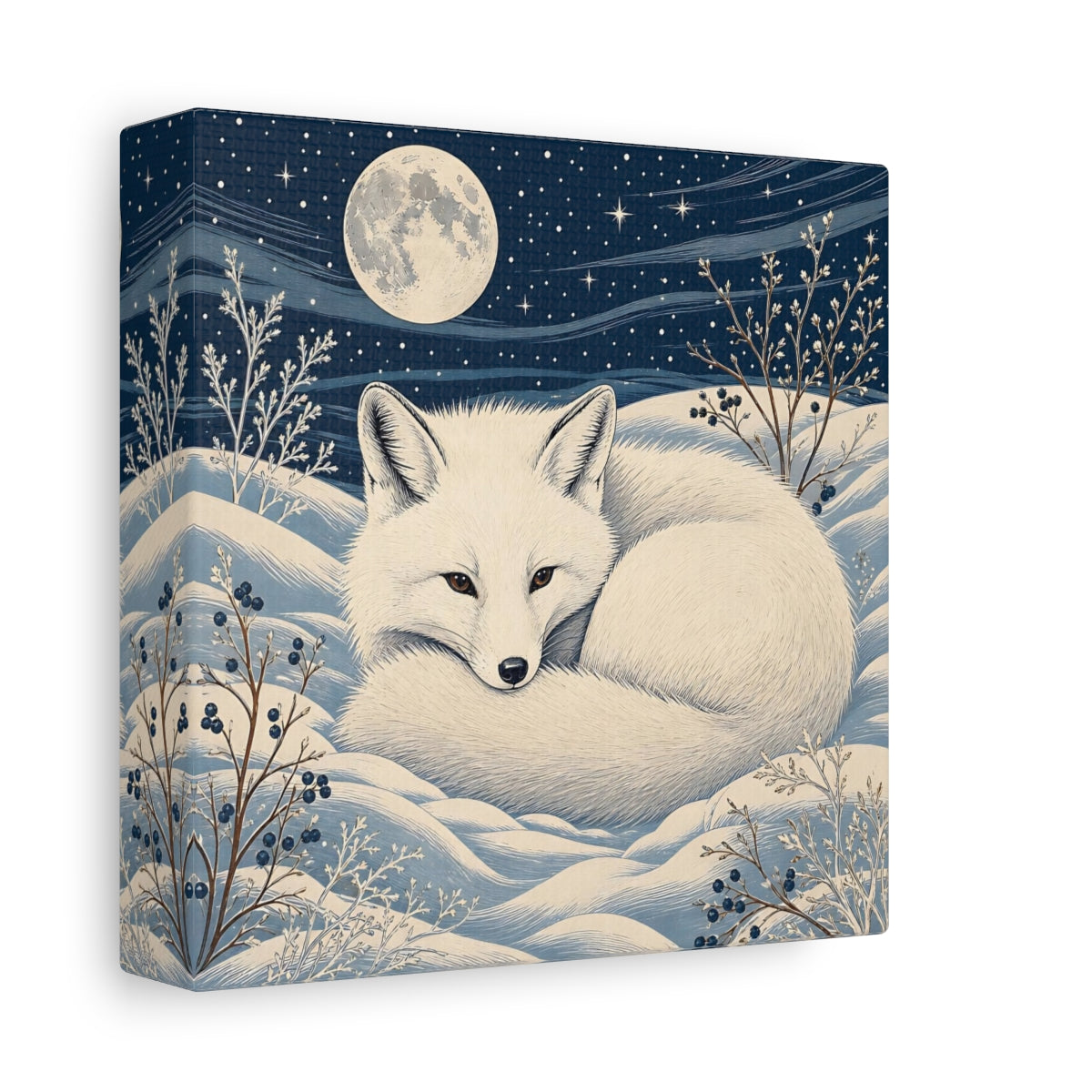 Side Mockup 2. Animals White Fox Blue And White shown as stretched canvas wall art
